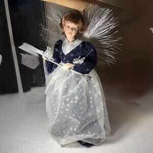 RARE Vtg 1999 Fiber Optic Angel Tree Topper 20" Blue Velvet Silver Dress WORKS